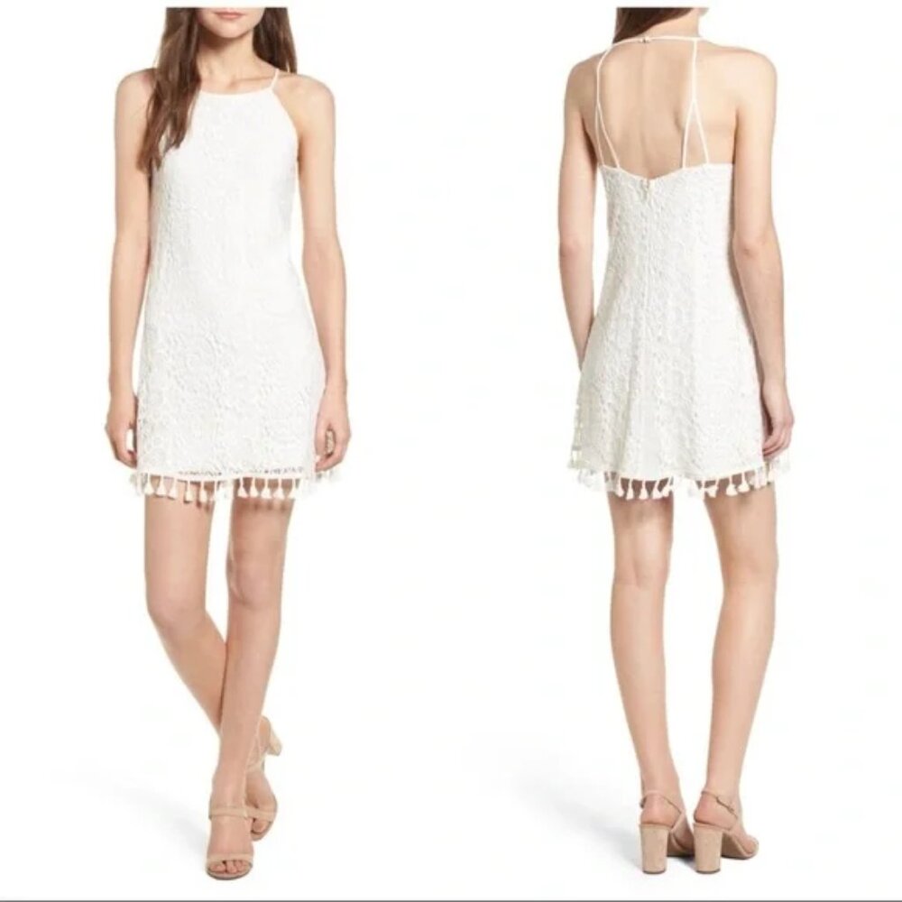 Speechless Women's Tassel Hem High Neck Halter Lace White Dress Size S